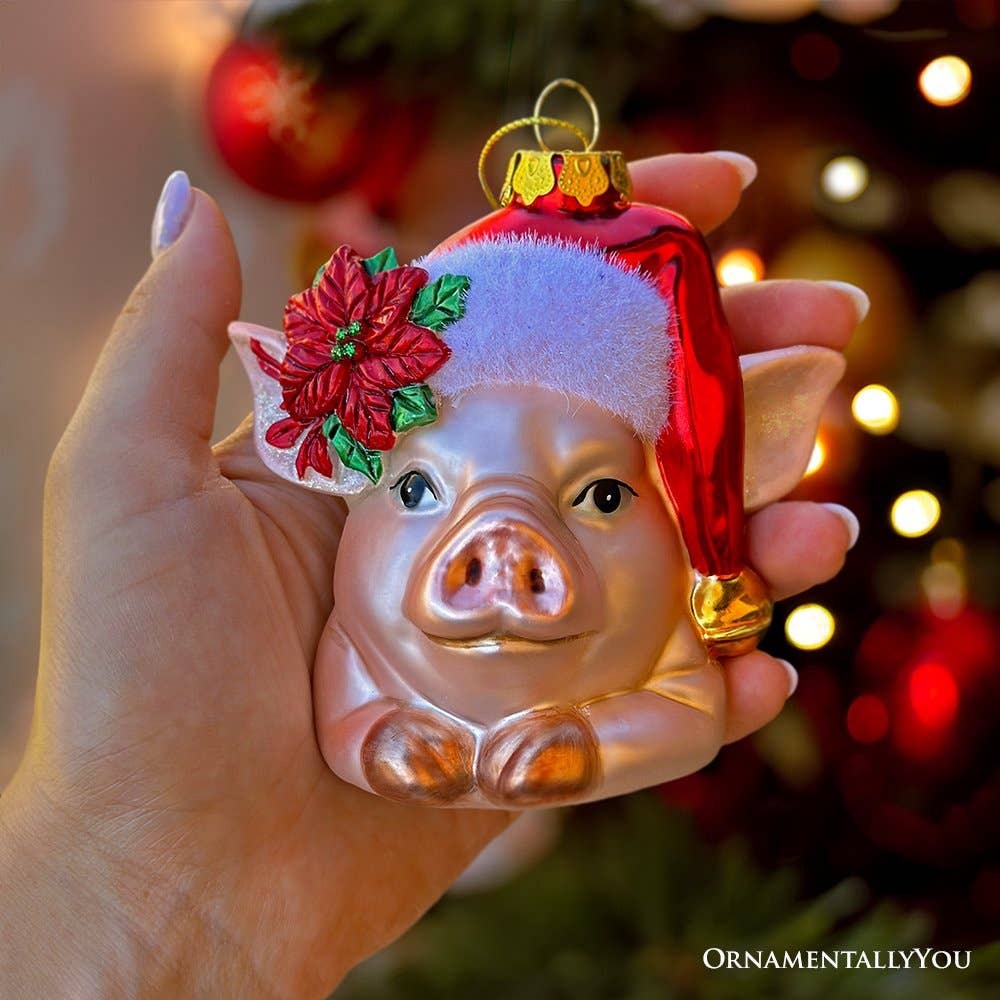 Charming Pig with Santa Hat Glass  Ornament