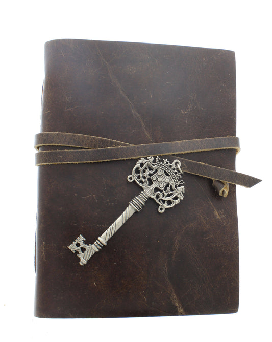 Antique Leather Journal with String Closure and Key Pendant