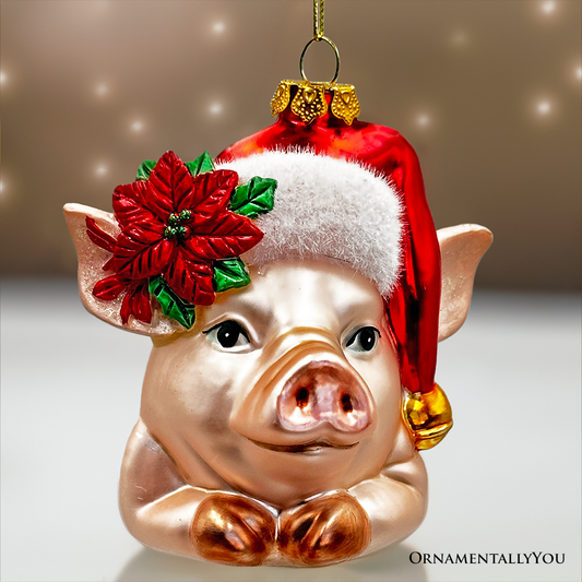 Charming Pig with Santa Hat Glass  Ornament