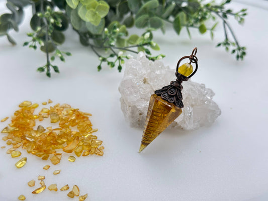 Citrine Gemstone Chips w/ Copper in Resin Pendulum