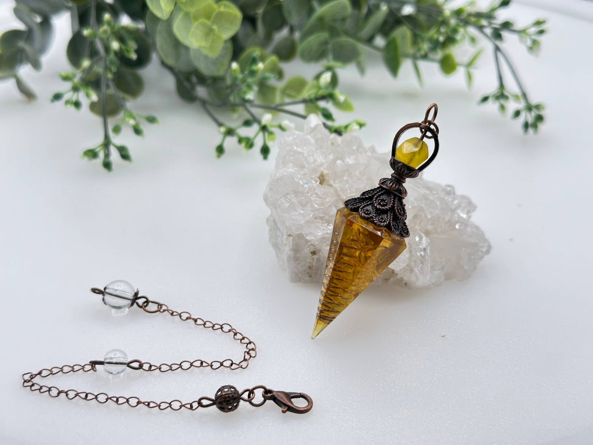 Citrine Gemstone Chips w/ Copper in Resin Pendulum
