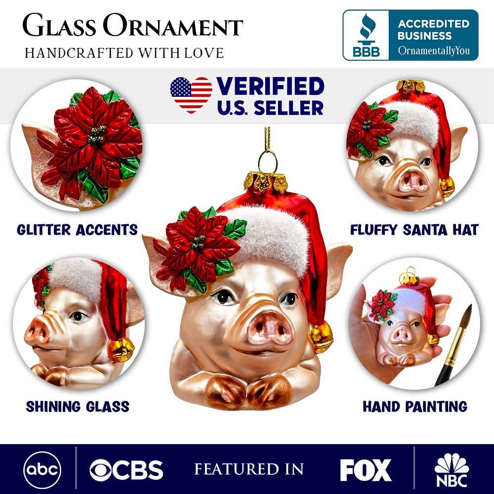 Charming Pig with Santa Hat Glass  Ornament