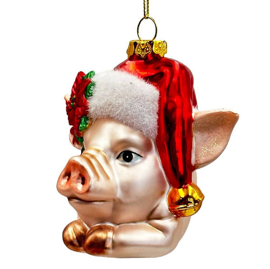 Charming Pig with Santa Hat Glass  Ornament